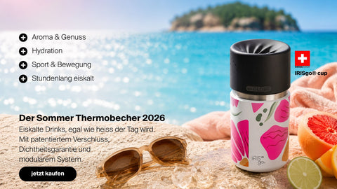 IRISgo cup Thermobecher Swiss Made mit patentiertem Verschluss, auslaufsicherem System und modularen Deckeln