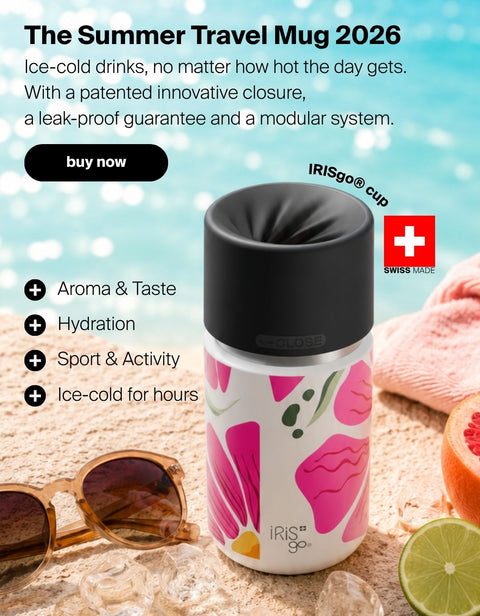 IRISgo cup travel mug Swiss Made with patented leak-proof closure and modular lid system