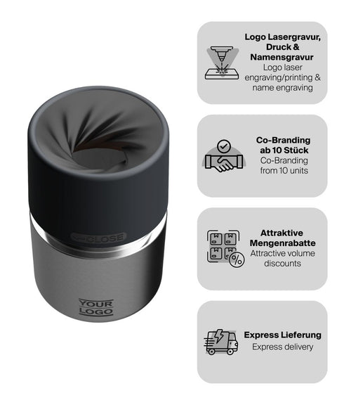 IRISgo® cup Thermobecher Classic 200ml mit Logo Gravur, patentiertem Drehverschluss aus doppelwandigem Edelstahl, Swiss Made