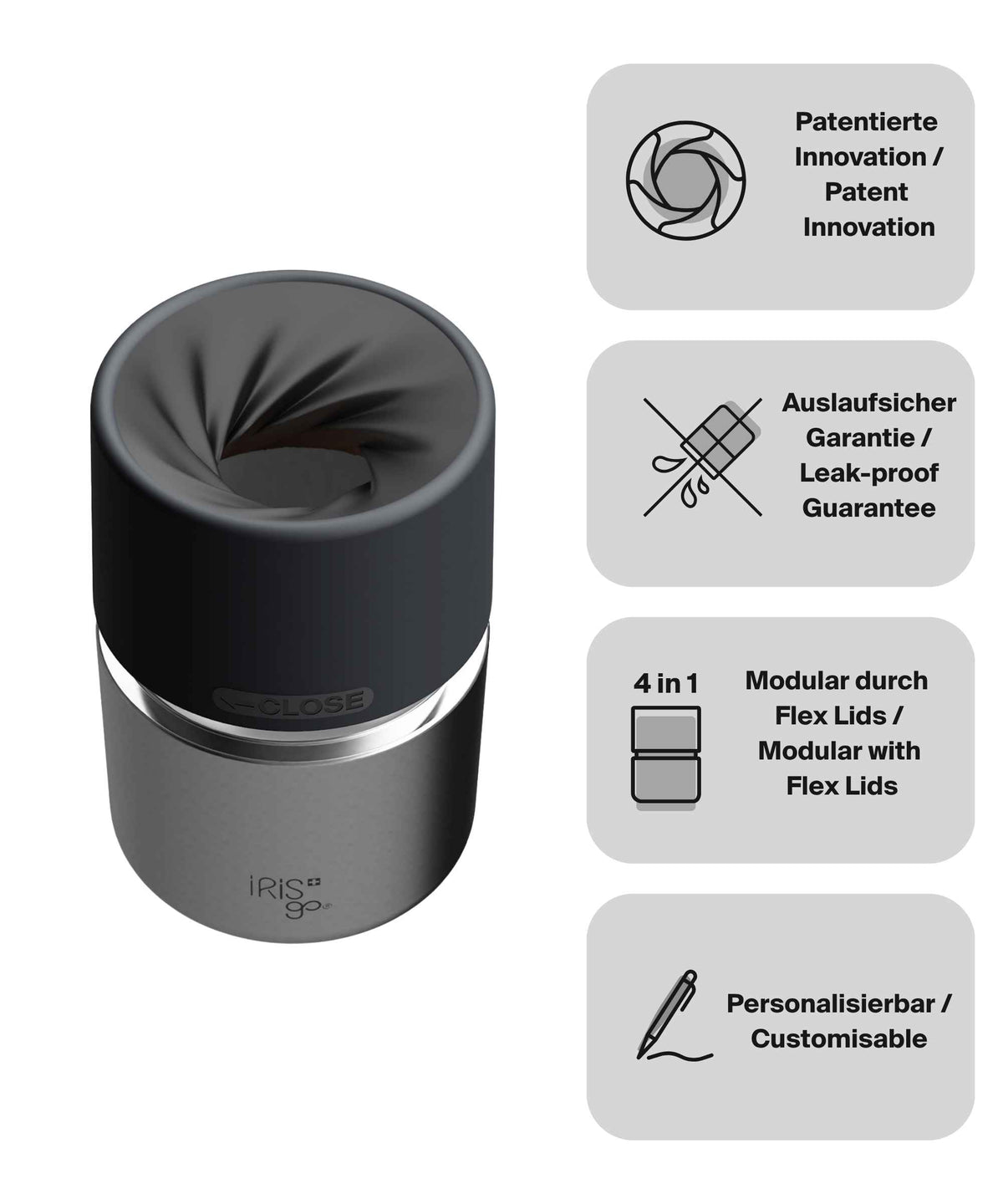 IRISgo® cup Thermobecher Classic 200ml mit patentiertem Drehverschluss aus doppelwandigem Edelstahl, Swiss Made