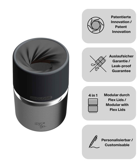 IRISgo® cup Thermobecher Classic 200ml mit patentiertem Drehverschluss aus doppelwandigem Edelstahl, Swiss Made