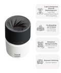 IRISgo® cup Thermobecher Flat White 200ml mit Logo Gravur, patentiertem Drehverschluss aus doppelwandigem Edelstahl, Swiss Made