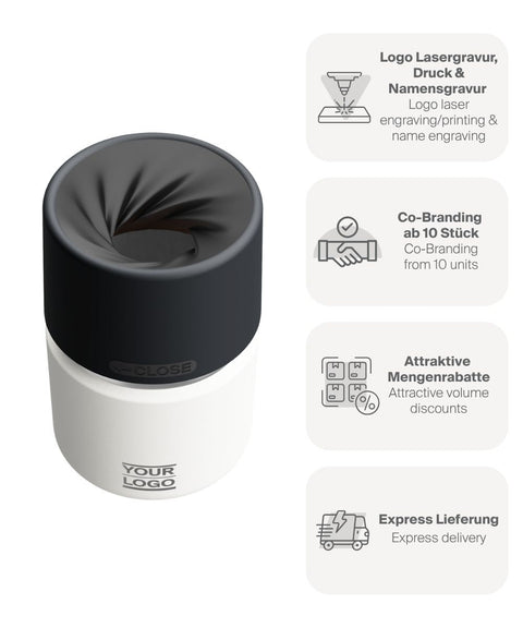 IRISgo® cup Thermobecher Flat White 200ml mit Logo Gravur, patentiertem Drehverschluss aus doppelwandigem Edelstahl, Swiss Made
