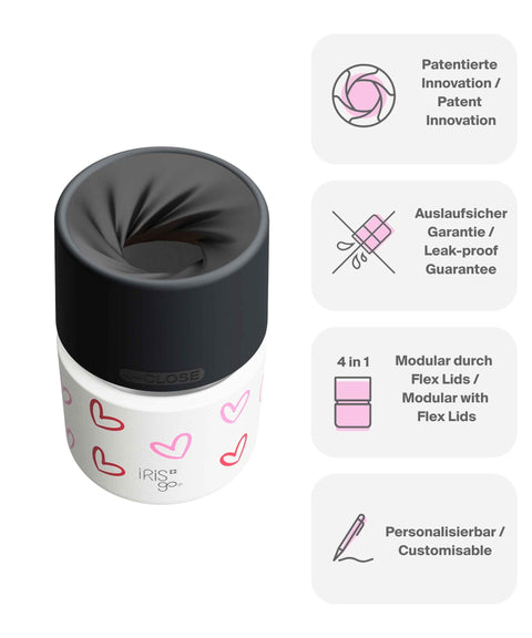 IRISgo® cup Thermobecher Herz Design 200ml mit patentiertem Drehverschluss aus doppelwandigem Edelstahl, Swiss Made