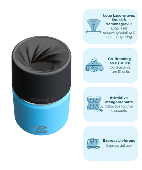 IRISgo® cup Thermobecher Ocean Blue 200ml mit Logo Gravur, patentiertem Drehverschluss aus doppelwandigem Edelstahl, Swiss Made