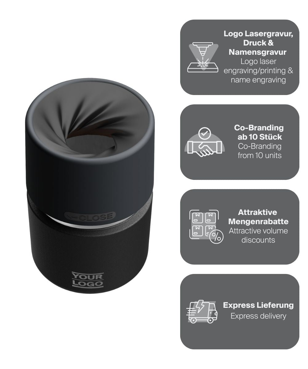 IRISgo® cup Thermobecher Roasted Black 200ml mit Logo Gravur, patentiertem Drehverschluss aus doppelwandigem Edelstahl, Swiss Made