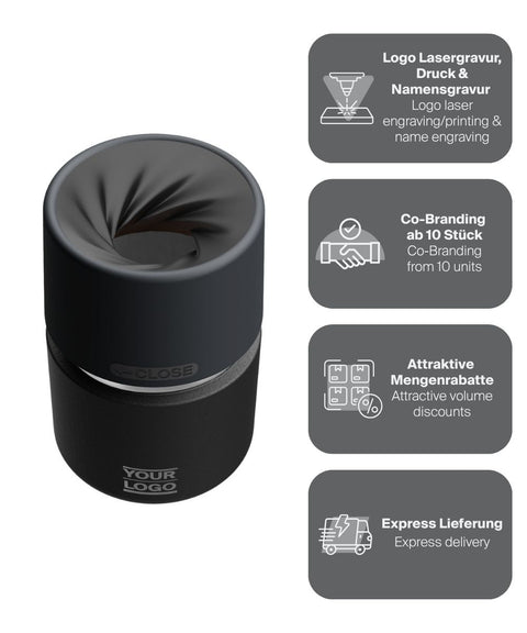 IRISgo® cup Thermobecher Roasted Black 200ml mit Logo Gravur, patentiertem Drehverschluss aus doppelwandigem Edelstahl, Swiss Made