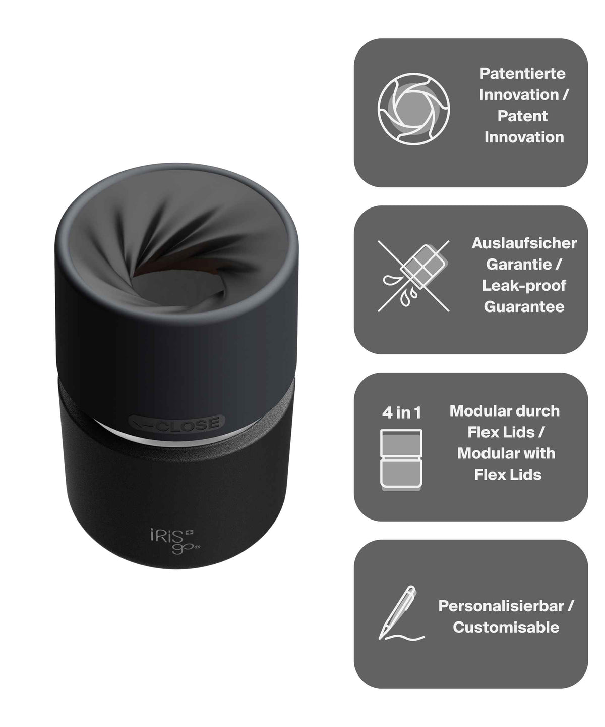 IRISgo® cup Thermobecher Roasted Black 200ml mit patentiertem Drehverschluss aus doppelwandigem Edelstahl, Swiss Made