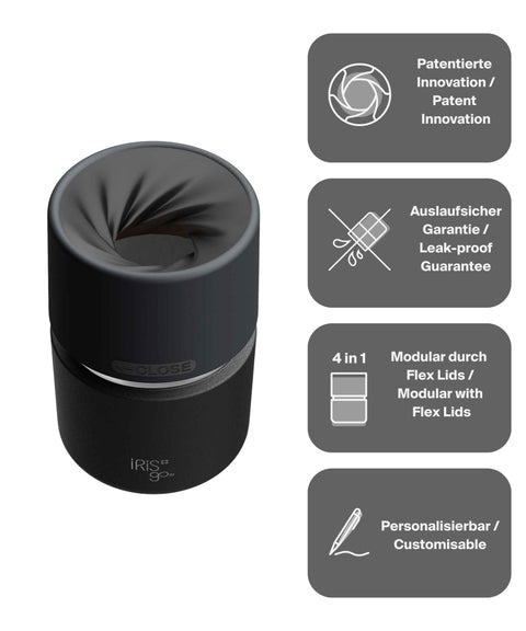 IRISgo® cup Thermobecher Roasted Black 200ml mit patentiertem Drehverschluss aus doppelwandigem Edelstahl, Swiss Made