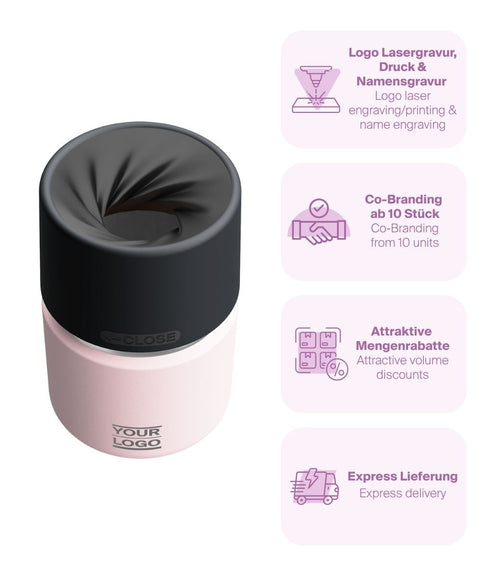 IRISgo® cup Thermobecher Tasty Rosé 200ml mit Logo Gravur, patentiertem Drehverschluss aus doppelwandigem Edelstahl, Swiss Made