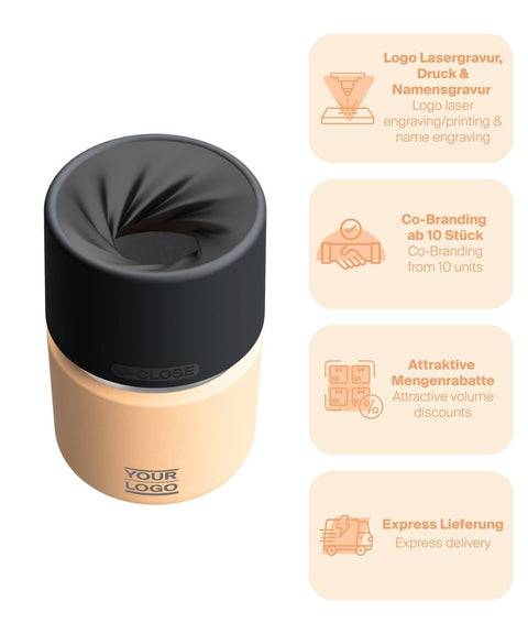 IRISgo® cup Thermobecher Vibrant Orange 200ml mit Logo Gravur, patentiertem Drehverschluss aus doppelwandigem Edelstahl, Swiss Made