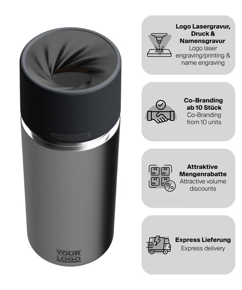 IRISgo® cup Thermobecher Classic 500ml mit Logo Gravur, patentiertem Drehverschluss aus doppelwandigem Edelstahl, Swiss Made