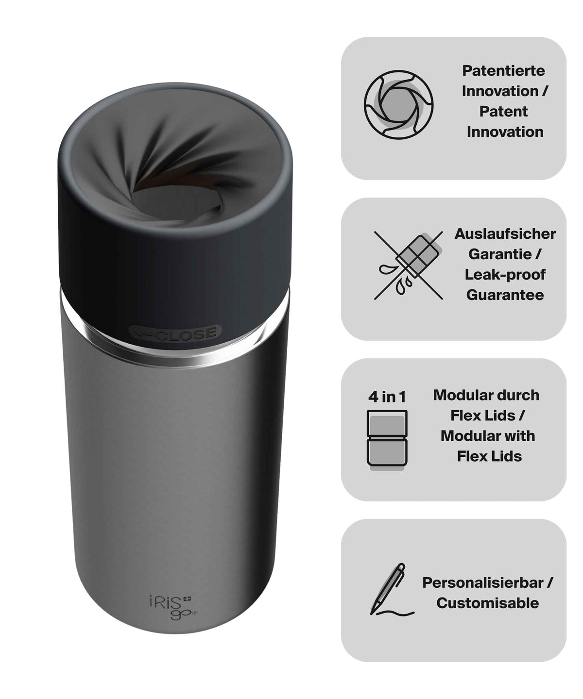 IRISgo® cup Thermobecher Classic 500ml mit patentiertem Drehverschluss aus doppelwandigem Edelstahl, Swiss Made