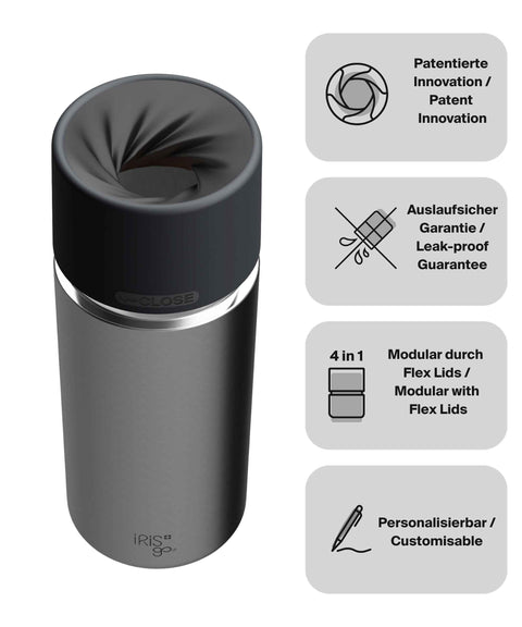 IRISgo® cup Thermobecher Classic 500ml mit patentiertem Drehverschluss aus doppelwandigem Edelstahl, Swiss Made