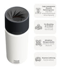 IRISgo® cup Thermobecher Flat White 500ml mit Logo Gravur, patentiertem Drehverschluss aus doppelwandigem Edelstahl, Swiss Made