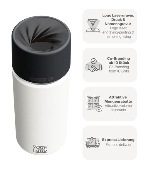 IRISgo® cup Thermobecher Flat White 500ml mit Logo Gravur, patentiertem Drehverschluss aus doppelwandigem Edelstahl, Swiss Made