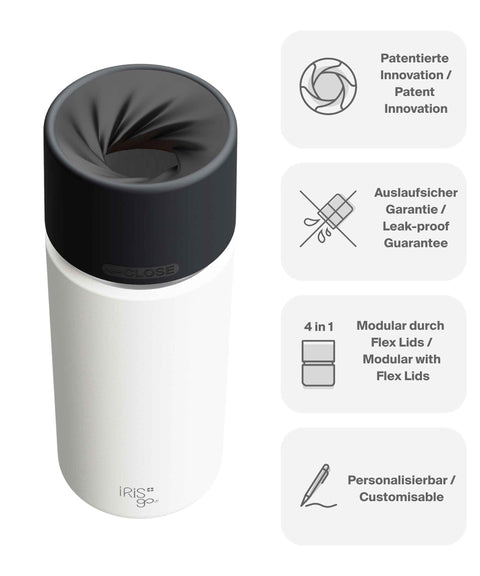 IRISgo® cup Thermobecher Flat White 500ml mit patentiertem Drehverschluss aus doppelwandigem Edelstahl, Swiss Made