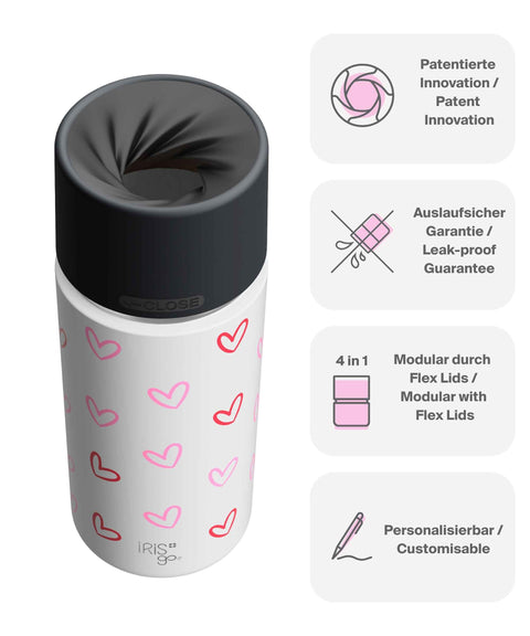 IRISgo® cup Thermobecher Herz Design 500ml mit patentiertem Drehverschluss aus doppelwandigem Edelstahl, Swiss Made