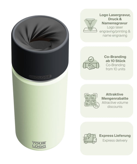 IRISgo® cup Thermobecher Kea Green 500ml mit Logo Gravur, patentiertem Drehverschluss aus doppelwandigem Edelstahl, Swiss Made
