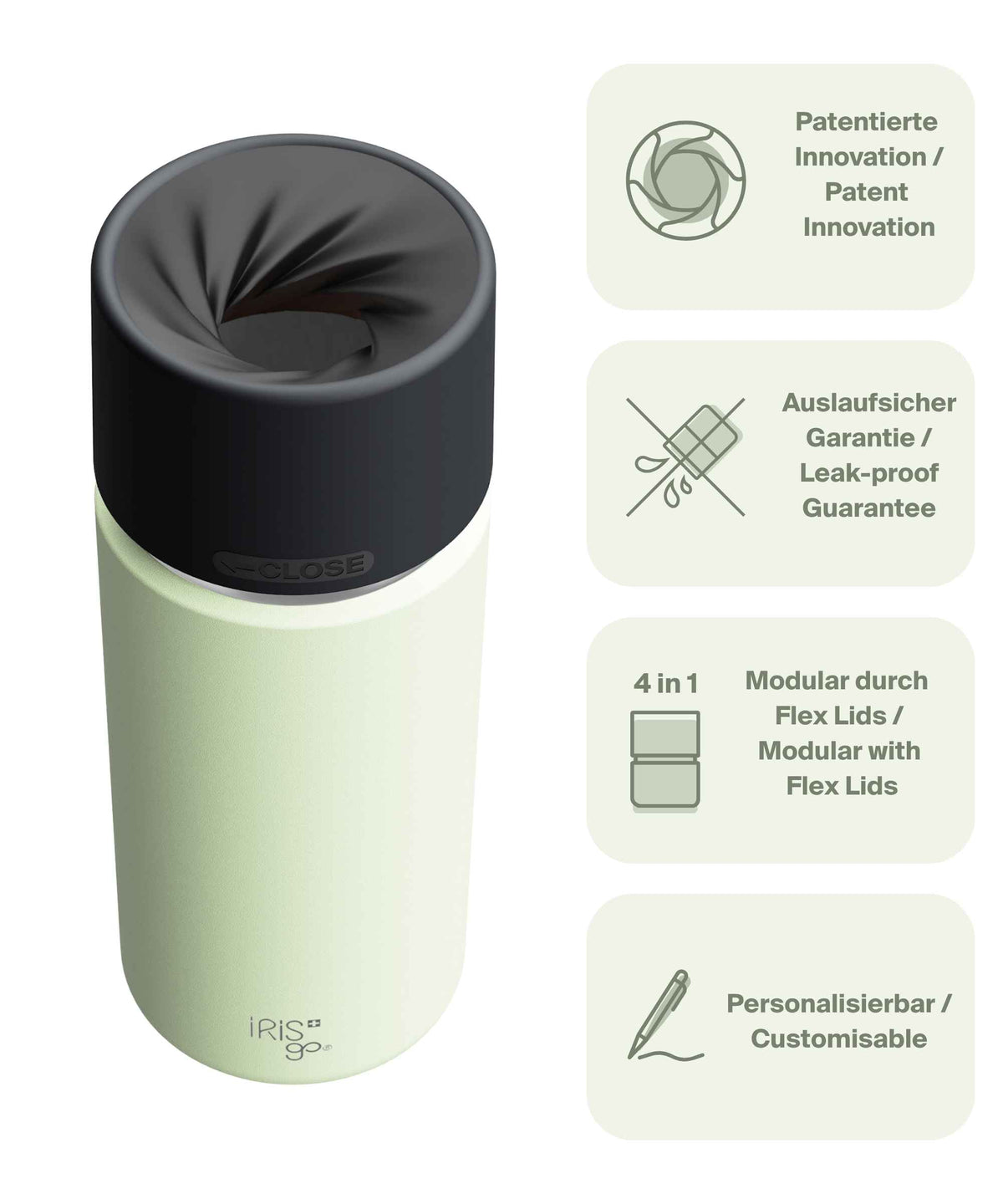 IRISgo® cup Thermobecher Kea Green 500ml mit patentiertem Drehverschluss aus doppelwandigem Edelstahl, Swiss Made