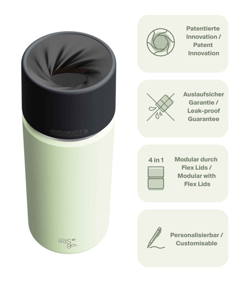 IRISgo® cup Thermobecher Kea Green 500ml mit patentiertem Drehverschluss aus doppelwandigem Edelstahl, Swiss Made