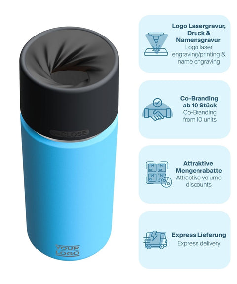 IRISgo® cup Thermobecher Ocean Blue 500ml mit Logo Gravur, patentiertem Drehverschluss aus doppelwandigem Edelstahl, Swiss Made