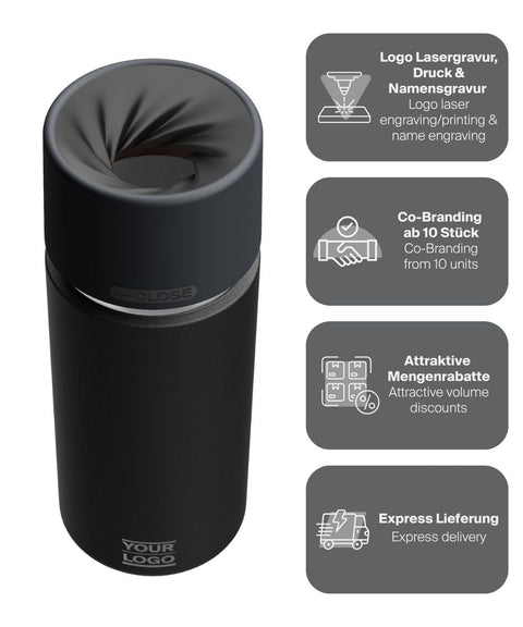 IRISgo® cup Thermobecher Roasted Black 500ml mit Logo Gravur, patentiertem Drehverschluss aus doppelwandigem Edelstahl, Swiss Made