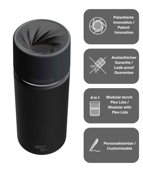 IRISgo® cup Thermobecher Roasted Black 500ml mit patentiertem Drehverschluss aus doppelwandigem Edelstahl, Swiss Made