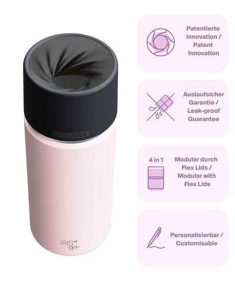 IRISgo® cup Thermobecher Tasty Rosé 500ml mit patentiertem Drehverschluss aus doppelwandigem Edelstahl, Swiss Made