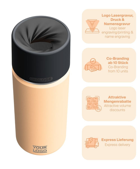 IRISgo® cup Thermobecher Vibrant Orange 500ml mit Logo Gravur, patentiertem Drehverschluss aus doppelwandigem Edelstahl, Swiss Made