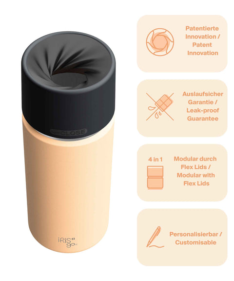 IRISgo® cup Thermobecher Vibrant Orange 500ml mit patentiertem Drehverschluss aus doppelwandigem Edelstahl, Swiss Made