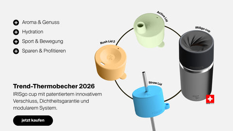 IRISgo cup Thermobecher Swiss Made mit patentiertem Verschluss, auslaufsicherem System und modularen Deckeln