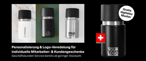 IRISgo® cup Thermobecher mit Logo Gravur als Firmengeschenk: Becher mit Mobiliar, Mercedes und HSLU Logo sowie Your-Logo-Platzhalter, Swiss Made