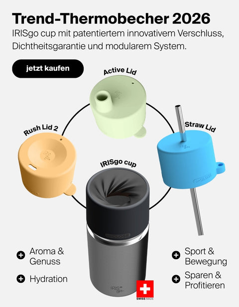 IRISgo cup Thermobecher Swiss Made mit modularem 4-in-1-System, Active Lid, Rush Lid 2 und Straw Lid
