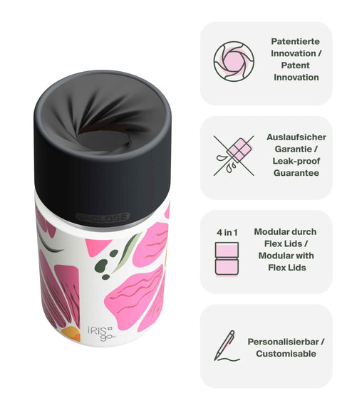 IRISgo® cup Thermobecher Boho Bloom 350ml mit patentiertem Drehverschluss aus doppelwandigem Edelstahl, Swiss Made