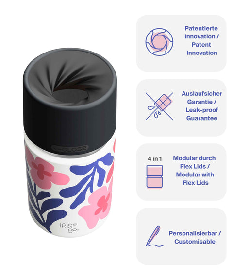 IRISgo® cup Thermobecher Boho Coral 350ml mit patentiertem Drehverschluss aus doppelwandigem Edelstahl, Swiss Made