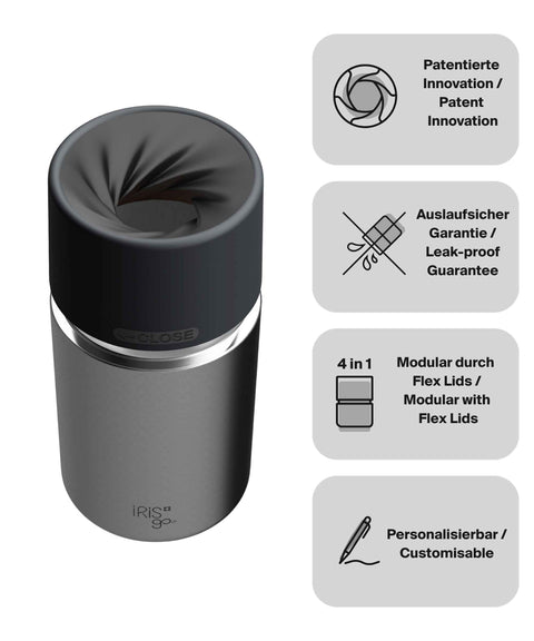 IRISgo® cup Thermobecher Classic 350ml mit patentiertem Drehverschluss aus doppelwandigem Edelstahl, Swiss Made