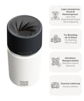 IRISgo® cup Thermobecher Flat White 350ml mit Logo Gravur, patentiertem Drehverschluss aus doppelwandigem Edelstahl, Swiss Made