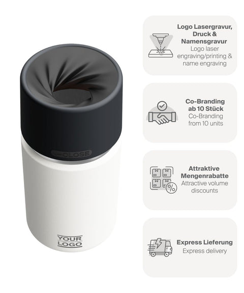 IRISgo® cup Thermobecher Flat White 350ml mit Logo Gravur, patentiertem Drehverschluss aus doppelwandigem Edelstahl, Swiss Made