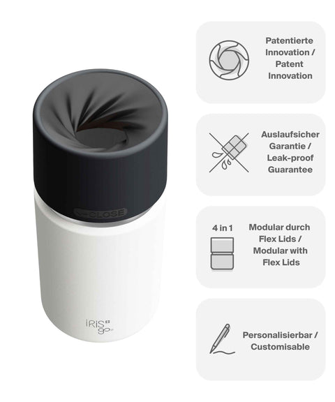 IRISgo® cup Thermobecher Flat White 350ml mit patentiertem Drehverschluss aus doppelwandigem Edelstahl, Swiss Made