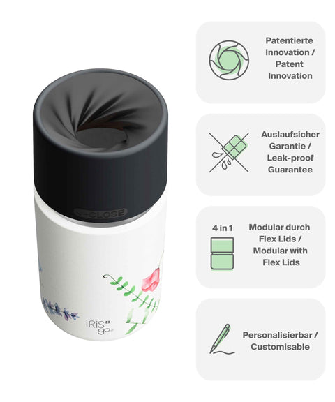 IRISgo® cup Thermobecher Floral Art 350ml mit patentiertem Drehverschluss aus doppelwandigem Edelstahl, Swiss Made