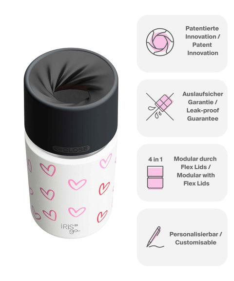 IRISgo® cup Thermobecher Herz Design 350ml mit patentiertem Drehverschluss aus doppelwandigem Edelstahl, Swiss Made