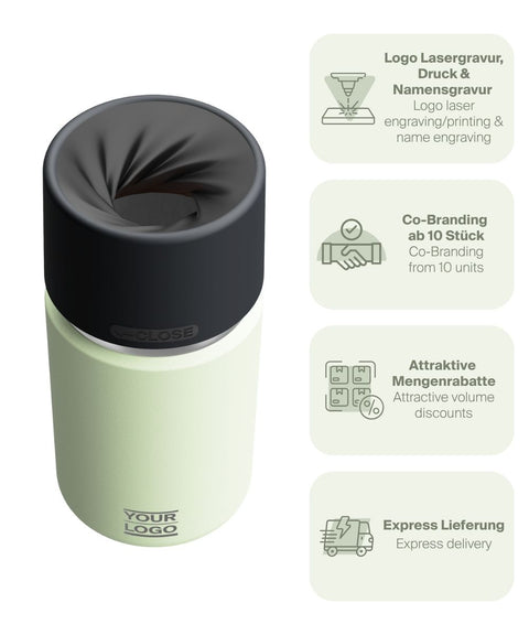 IRISgo® cup Thermobecher Kea Green 350ml mit Logo Gravur, patentiertem Drehverschluss aus doppelwandigem Edelstahl, Swiss Made