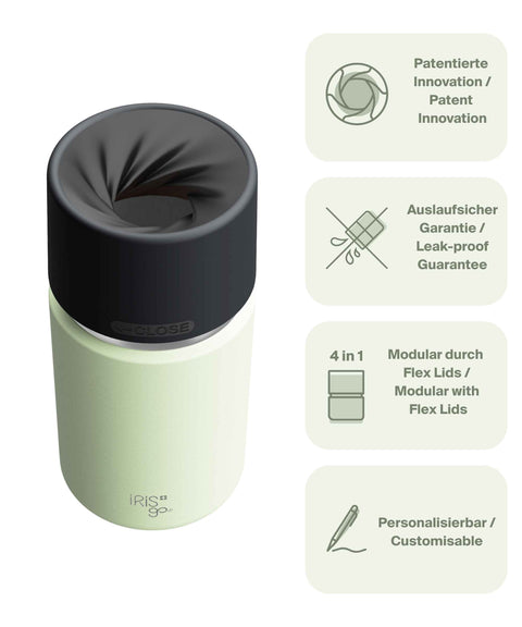 IRISgo® cup Thermobecher Kea Green 350ml mit patentiertem Drehverschluss aus doppelwandigem Edelstahl, Swiss Made