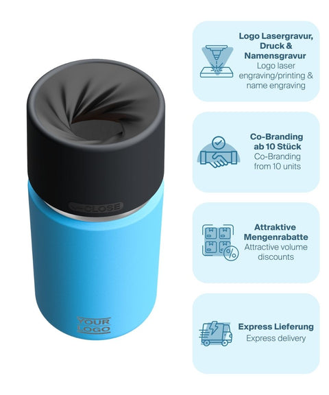 IRISgo® cup Thermobecher Ocean Blue 350ml mit Logo Gravur, patentiertem Drehverschluss aus doppelwandigem Edelstahl, Swiss Made