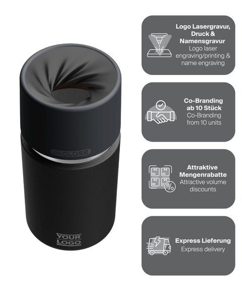 IRISgo® cup Thermobecher Roasted Black 350ml mit Logo Gravur, patentiertem Drehverschluss aus doppelwandigem Edelstahl, Swiss Made