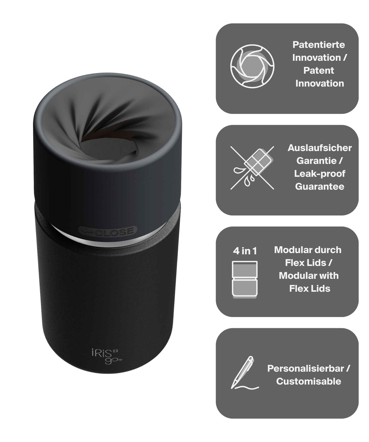 IRISgo® cup Thermobecher Roasted Black 350ml mit patentiertem Drehverschluss aus doppelwandigem Edelstahl, Swiss Made