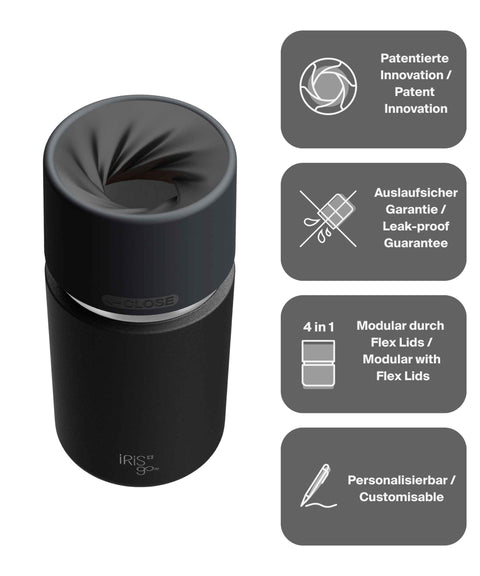 IRISgo® cup Thermobecher Roasted Black 350ml mit patentiertem Drehverschluss aus doppelwandigem Edelstahl, Swiss Made