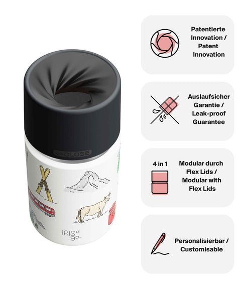 IRISgo® cup Thermobecher Swiss Design 350ml mit patentiertem Drehverschluss aus doppelwandigem Edelstahl, Swiss Made