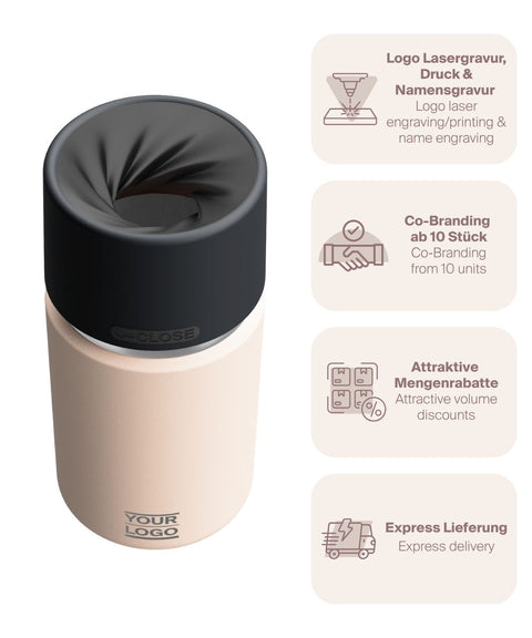IRISgo® cup Thermobecher Vanilla Cream 350ml mit Logo Gravur, patentiertem Drehverschluss aus doppelwandigem Edelstahl, Swiss Made